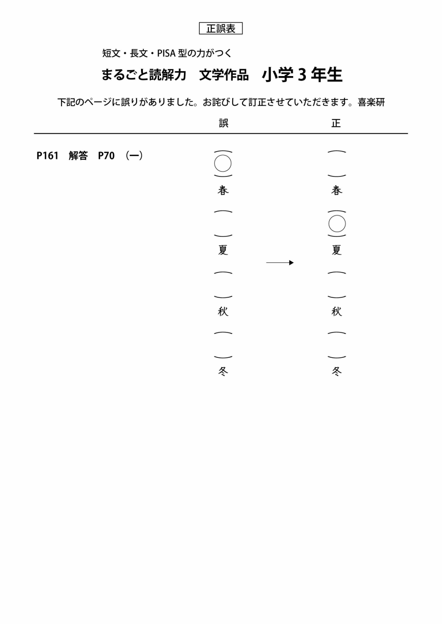 正誤表　「まるごと読解力文学作品」 3年