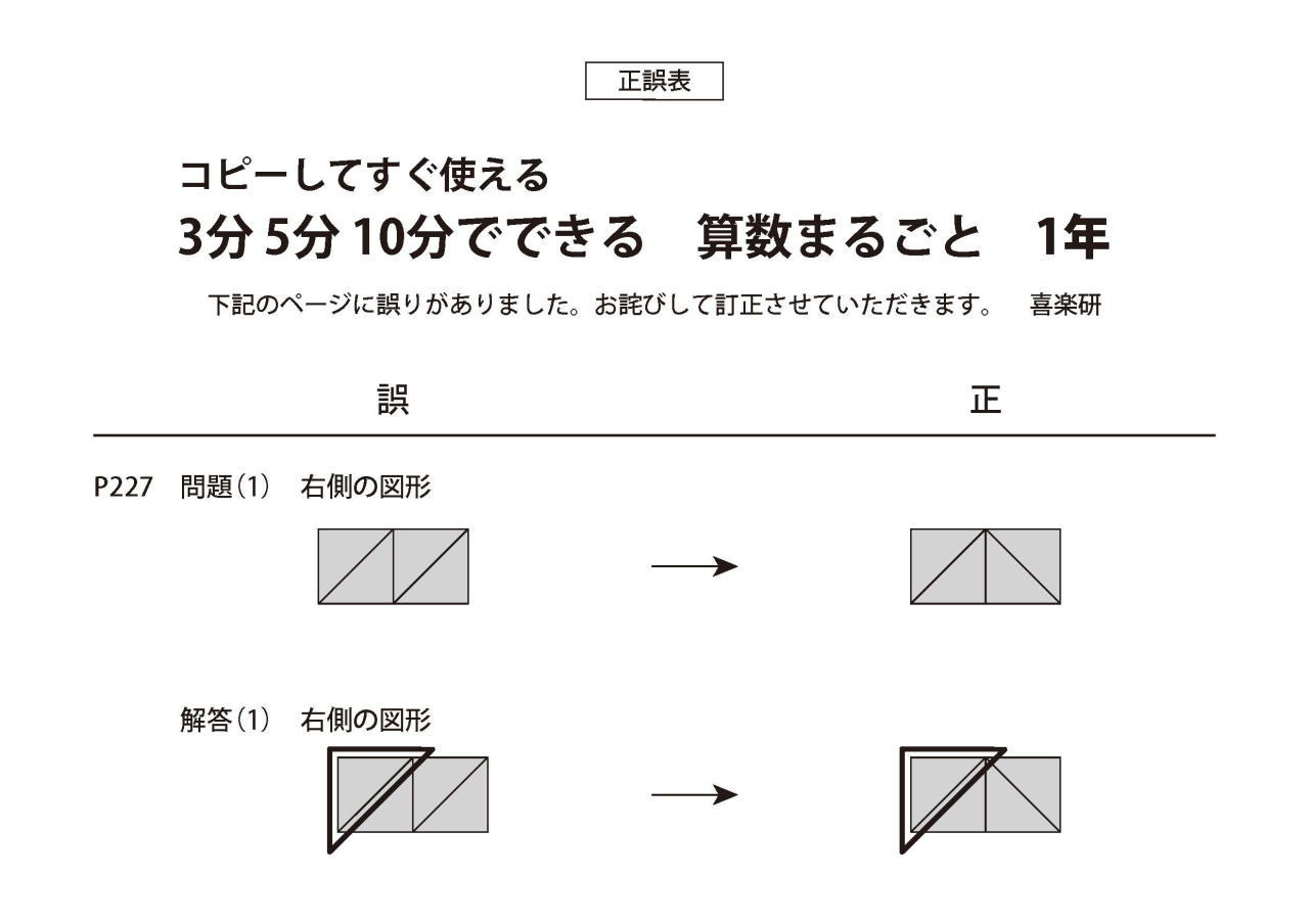 正誤表　「3分5分10分でできる 算数まるごと」 1年