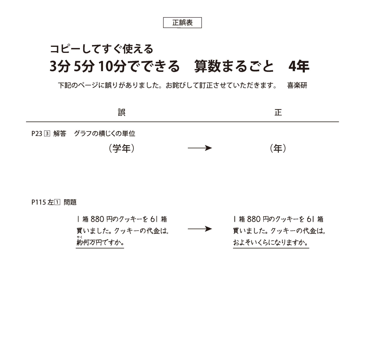 正誤表　「3分5分10分でできる 算数まるごと」 4年