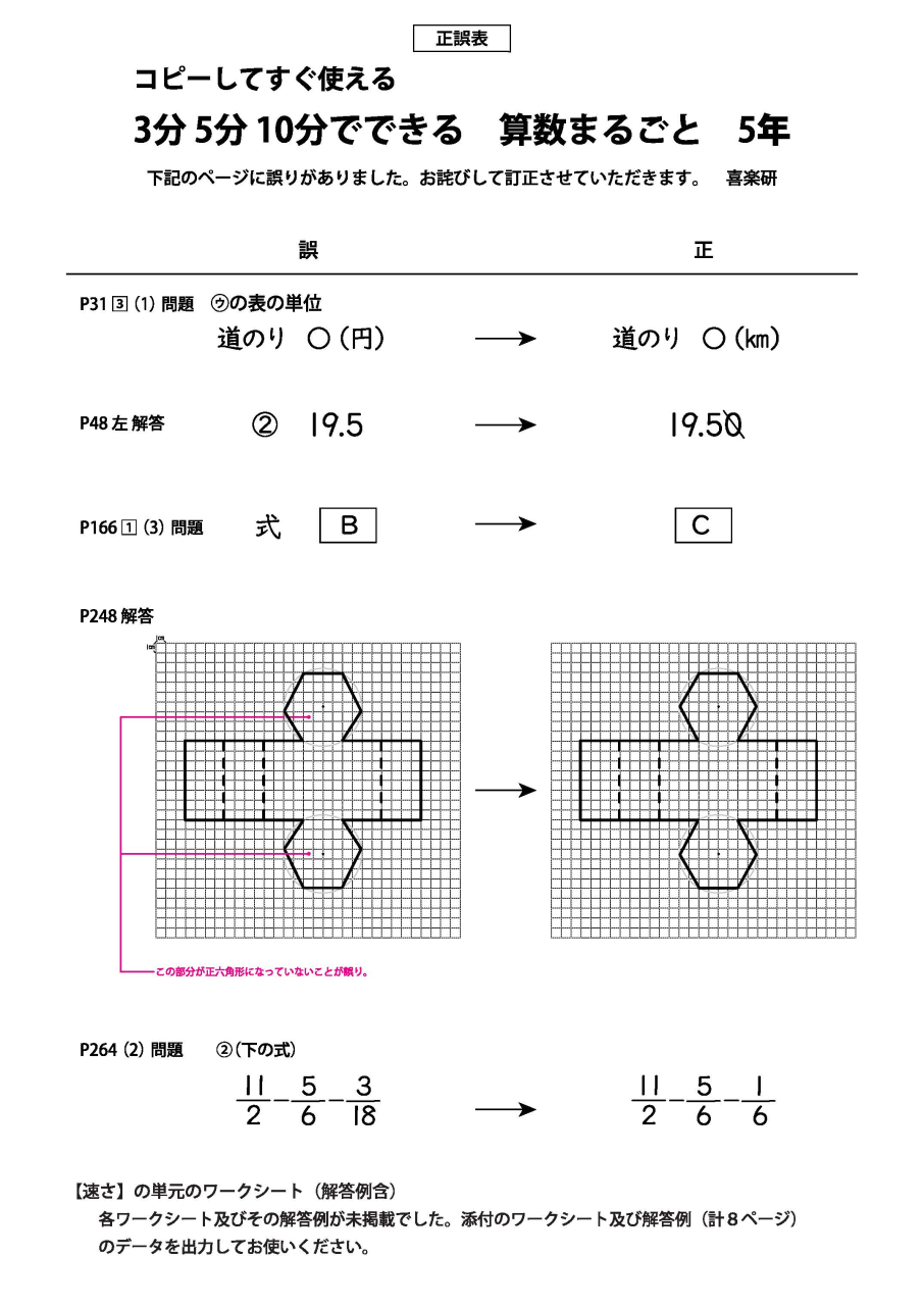 正誤表　「3分5分10分でできる 算数まるごと」 5年_ページ_1