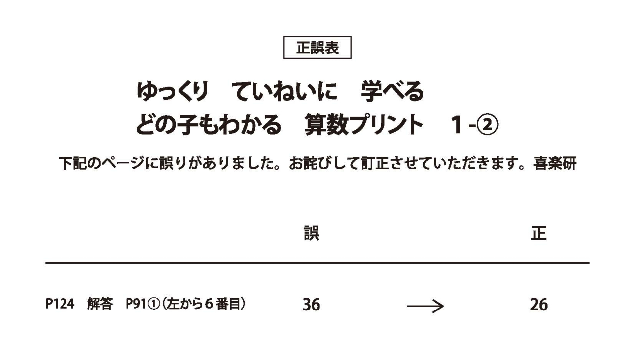 正誤表　「どの子もわかる算数プリント」 1-2