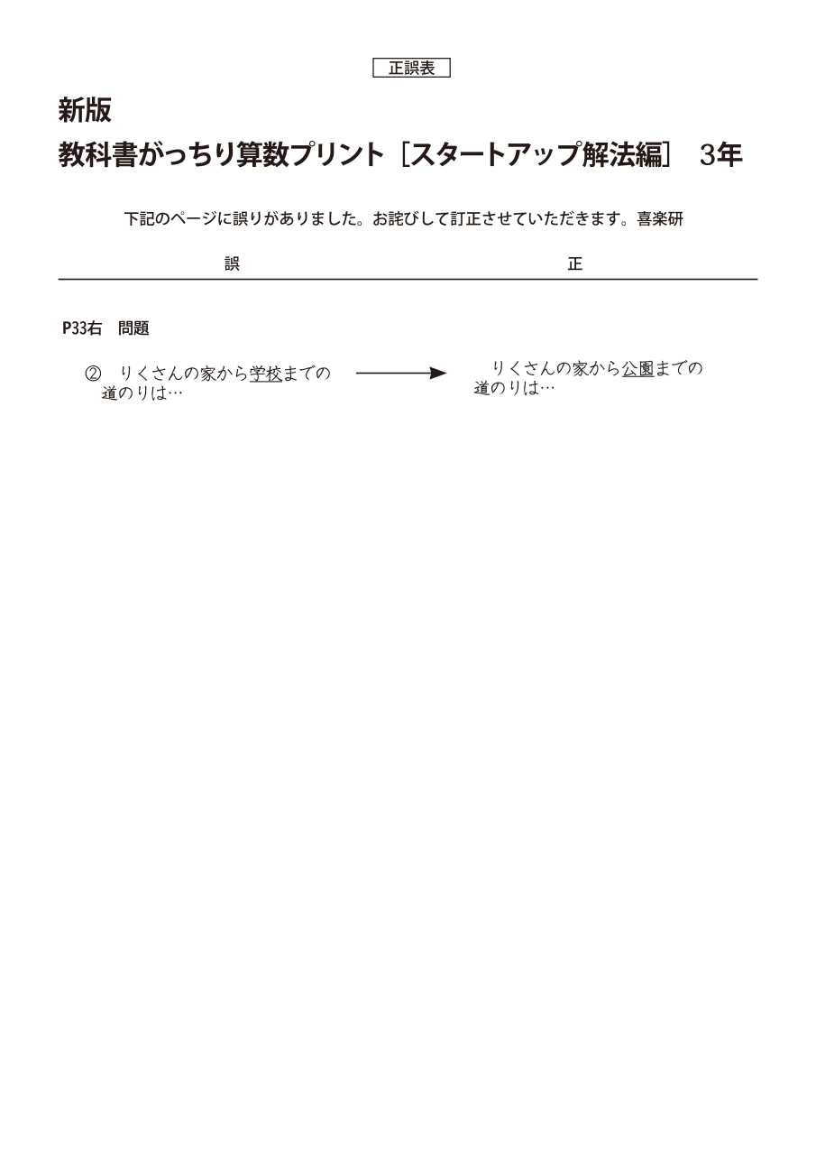 正誤表「教科書がっちり算数プリントスタートアップ解法編」３年