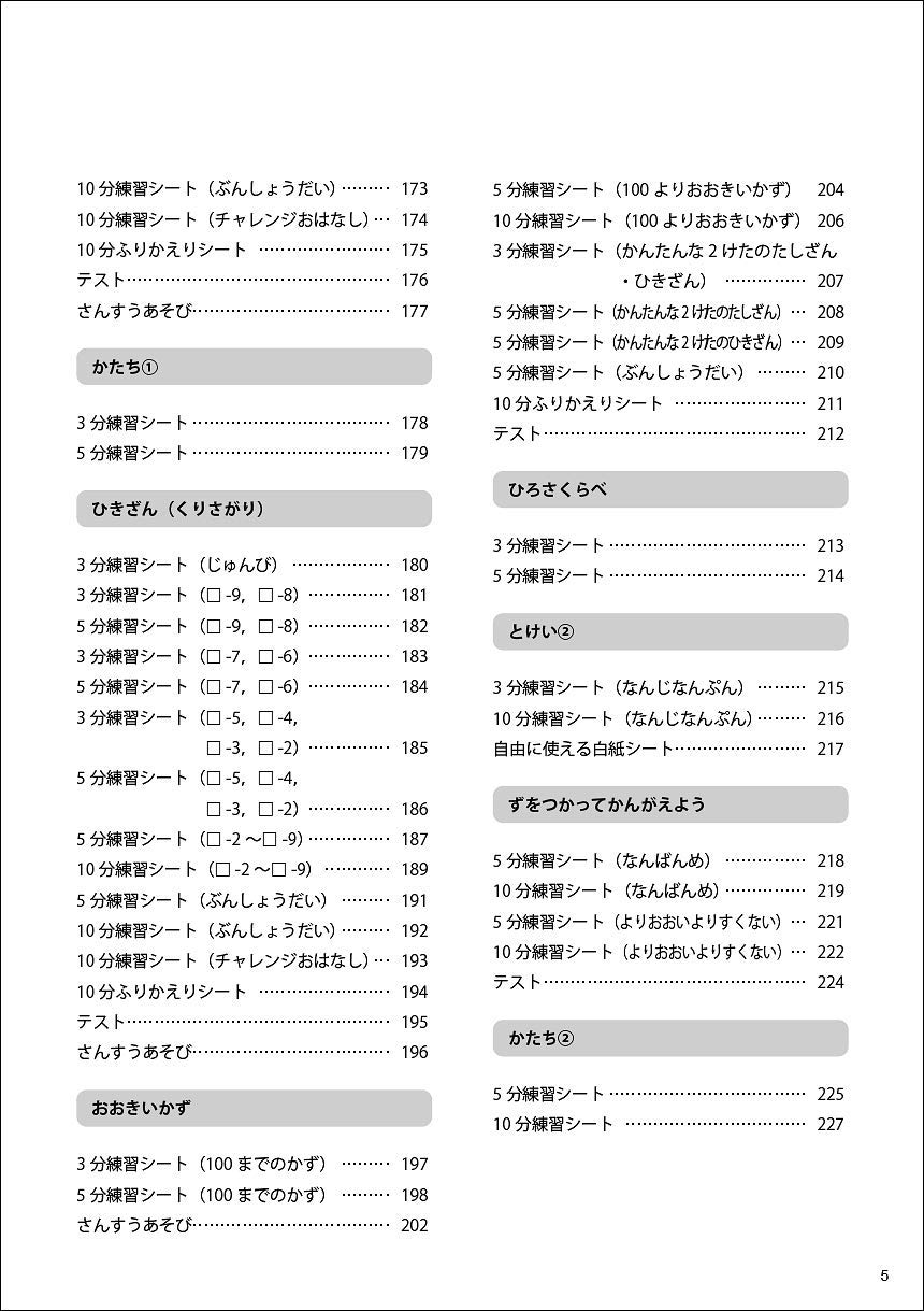 目次　「3分5分10分でできる 算数まるごと」 1年_3