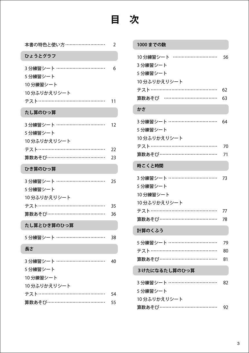 目次　「3分5分10分でできる 算数まるごと」 2年_1