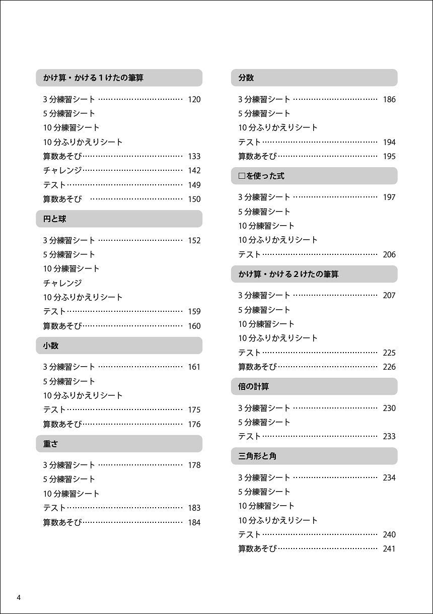 目次　「3分5分10分でできる 算数まるごと」 3年_2